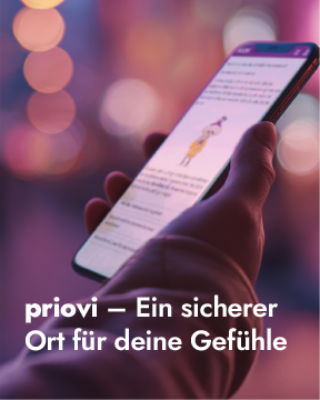 Ein Smartphone in einer Hand, auf dem die priovi-App geöffnet ist.